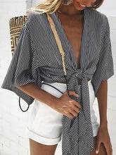 Load image into Gallery viewer, Striped V-neck Strap Cardigan Short Sleeve Top