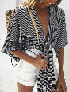 Striped V-neck Strap Cardigan Short Sleeve Top