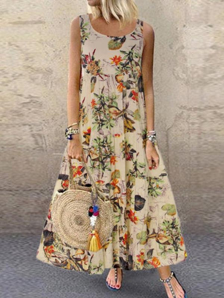 Vintage Floral Print Sleeveless Crew Neck Long Dress