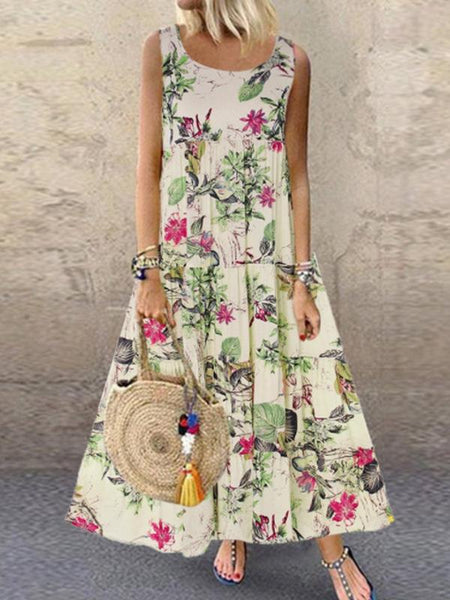 Vintage Floral Print Sleeveless Crew Neck Long Dress