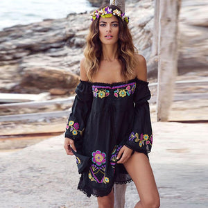 Embroidered Word Shoulder Lace Stitching Trumpet Sleeve Bohemian Holiday Dress
