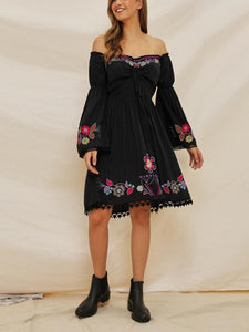 Embroidered Word Shoulder Lace Stitching Trumpet Sleeve Bohemian Holiday Dress