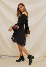 Load image into Gallery viewer, Embroidered Word Shoulder Lace Stitching Trumpet Sleeve Bohemian Holiday Dress