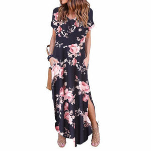 Printed Short Sleeve Pullover V-neck Knit Casual Long Dress-2