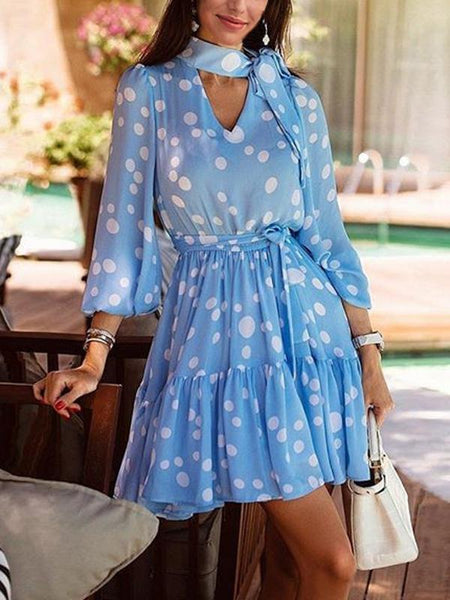 Polka Dot Print Stitching Blue Mini Dress