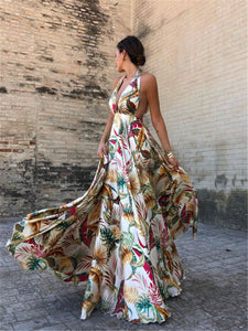 Sexy Sleeveless Printed Lace Halter Long Dress