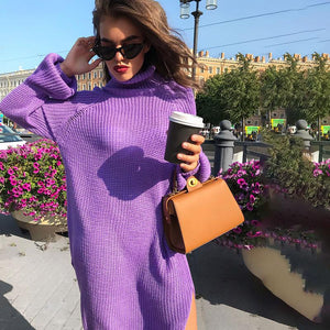 Solid Color Long Sleeve Sweater Mini Dress