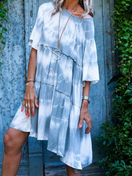 Round Collar Middle Sleeve Tie-dyed Loose Dress