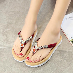 Bohemian flat heel rhinestone flip-flop women's sandals