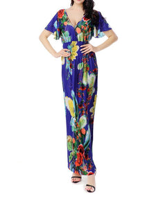 Printed V Neck Short Sleeve Summer Bohemia Maxi Dress