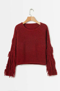 Solid Color Round Neck Long Sleeve Tassel Sweater
