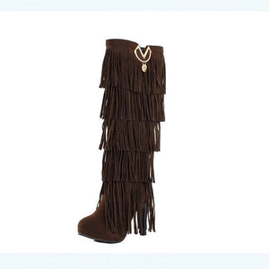 Fringed boots 32-43 large size women s Boots high-heeled waterproof multi-layer tassel high boots