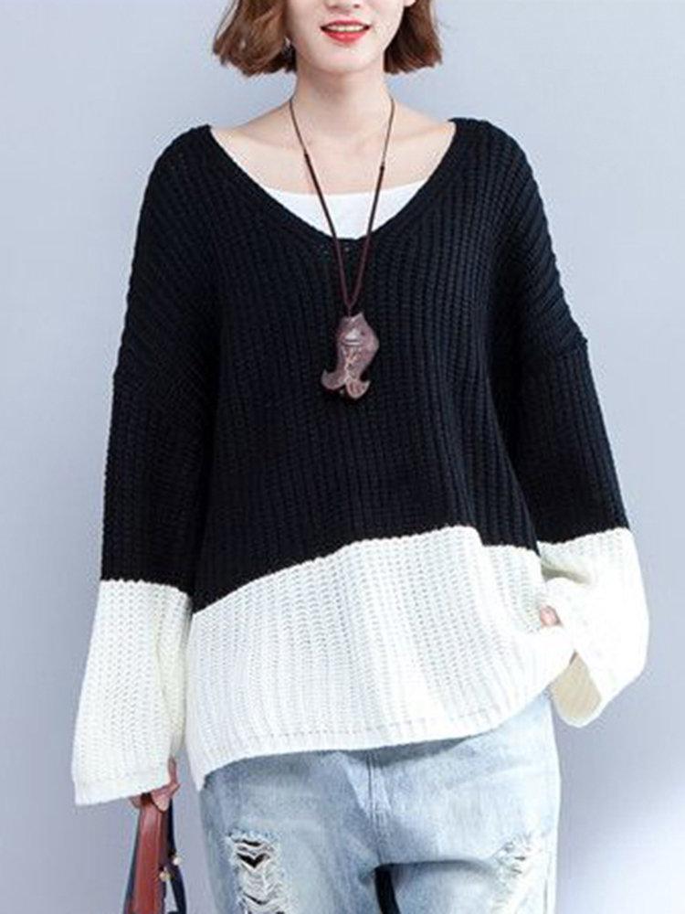 Casual V-Neck Stitching Color Sweaters For Women