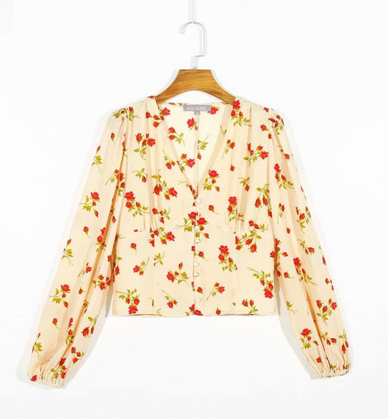 Summer Fashion Waistband Shows Thin Printed Lantern Sleeve Long Sleeve Top