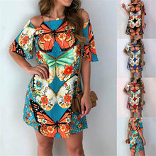 Load image into Gallery viewer, Fashion Women&#39;s Butterfly Print Back Sexy Hollow Lace Short Sleeve Dress