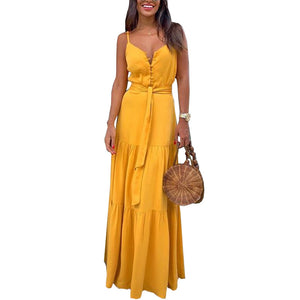 Summer New Women's Personality Button-up V-neck Sling Dress FC539