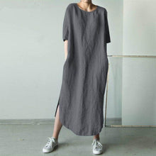 Load image into Gallery viewer, Round Neck Half Sleeve Solid Color Side Slit Mid Calf Cotton Linen Dress for Women