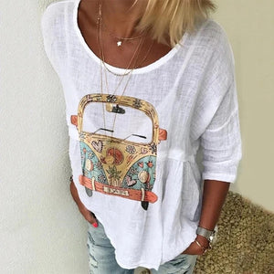 Summer Women Cotton Fawn Print Casual Loose Five-point Sleeve T-shirt