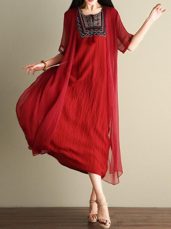 Casual Inwrought Printed Round Neck Short Sleeve Beach Maxi Dress