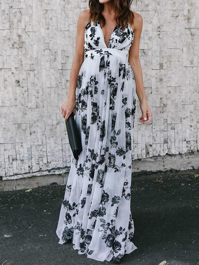 Floral Print V Neck Spaghetti Strap Bohemia Beach Maxi Dress