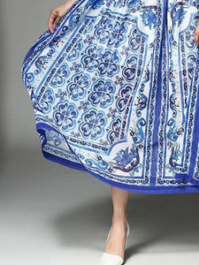 Romantic Blue Flower Print Long Sleeve Round Neck Maxi Dress