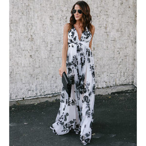 Floral Print V Neck Spaghetti Strap Bohemia Beach Maxi Dress