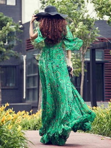Bohemia Chiffon Green Flared Sleeves V-neck Maxi Dress