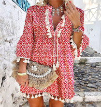 Summer New Style Printed Daisy Ruffled Fringed V-neck Dress