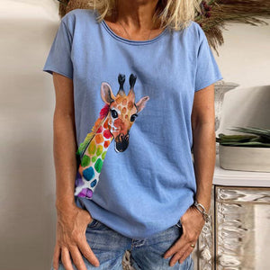 Women's V-neck Deer Head Print Short Sleeve T-shirt