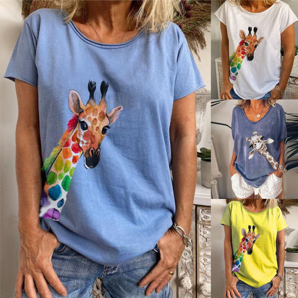 Women's V-neck Deer Head Print Short Sleeve T-shirt