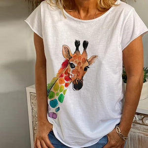 Women's V-neck Deer Head Print Short Sleeve T-shirt