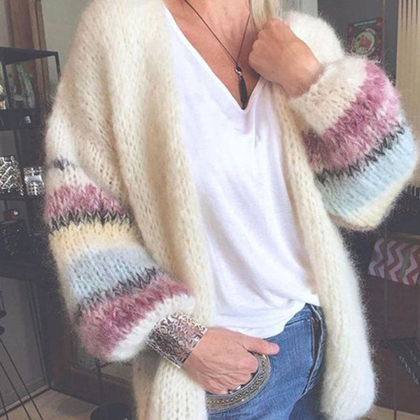 Striped Mohair Sweater Women's Autumn and Winter Knit Cardigan