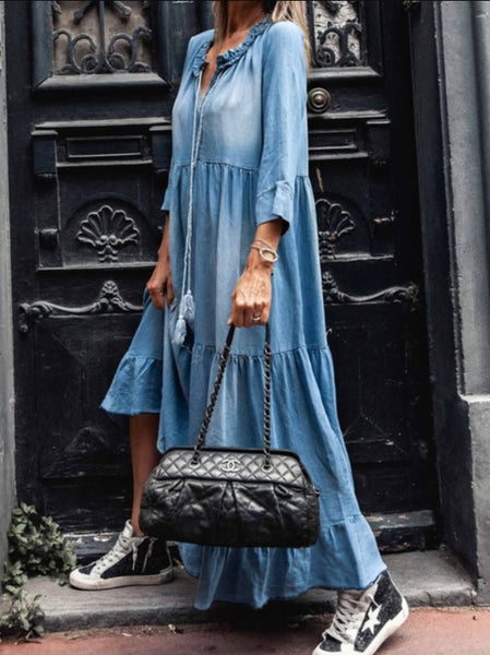 2710# Seven-quarter Sleeve Long Washing Cowboy Dress