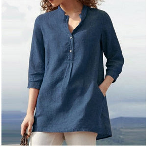 Women's wear solid color seven point sleeve stand collar cotton hemp casual pullover shirt
