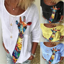 Load image into Gallery viewer, Summer Women Cotton Fawn Print Casual Loose Five-point Sleeve T-shirt