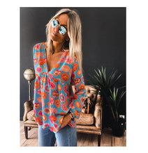 Load image into Gallery viewer, New Floral Print V-neck Long-sleeved T-shirt