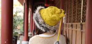 Women Winter Fur Collar Knit Hat Bib