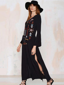 Beautiful Black Bohemia Embroidery Long Sleeve Side Split Maxi Beach Dress