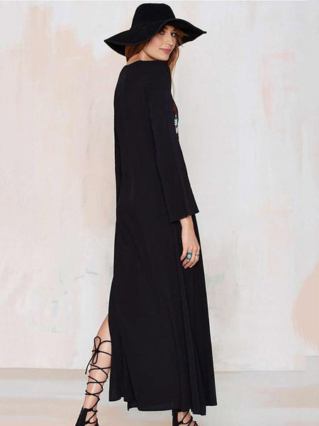 Beautiful Black Bohemia Embroidery Long Sleeve Side Split Maxi Beach Dress