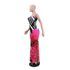 Sexy Printed Strapless Blackless Side Split Bodycon Maxi Long Dress