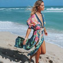 Load image into Gallery viewer, Polyester green printed beach blouse sexy cardigan loose sun protection bikini blouse