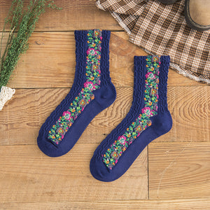 National style court pattern small broken flower socks women's cotton personalized middle tube boots socks retro color women's socks