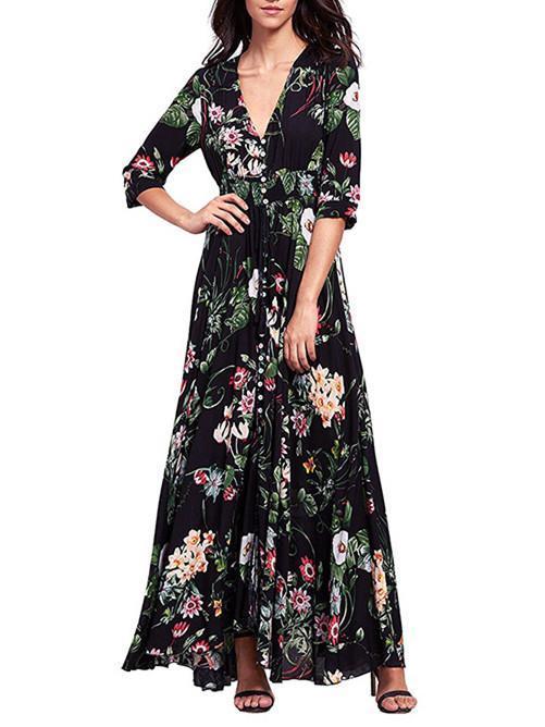 Pretty Bohemia Floral Printed V Neck Maxi Dress