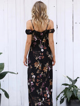 Load image into Gallery viewer, Pretty Floral Black Deep V Neck Off Shoulder Side Split Maxi Dress