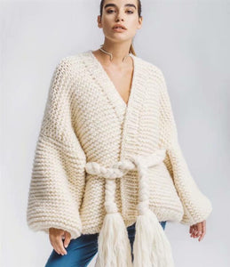 Knitting Loose Tassel Straps Long Sleeve Cardigan Sweater