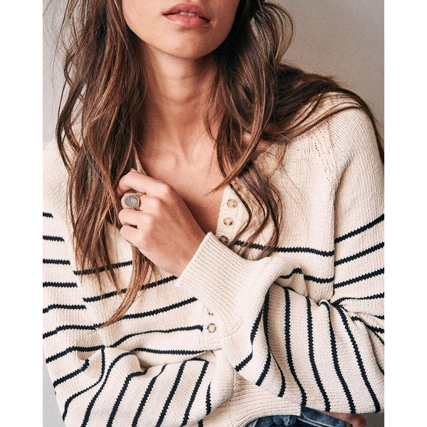 Black and White Striped T-shirt Button Round Neck Bubble Sleeve Top Women's Loose Long Sleeve Sweater