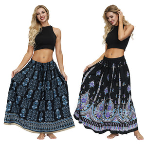 Printed Women's Elastic Waist Pleated Skirt Long Skirt