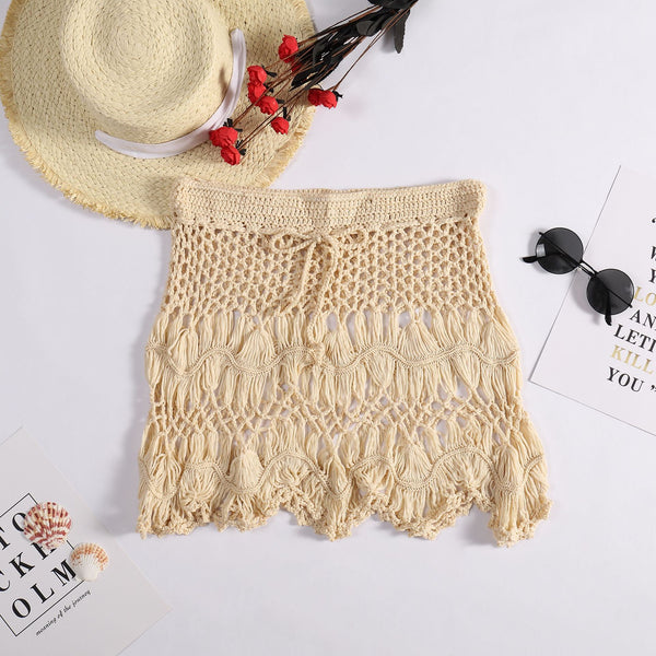 Seaside resort Bohemian style solid color hook flower hollow out skirt skirt short skirt women's dress