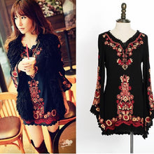 Load image into Gallery viewer, New national style embroidered trumpet sleeve short skirt cotton linen dress