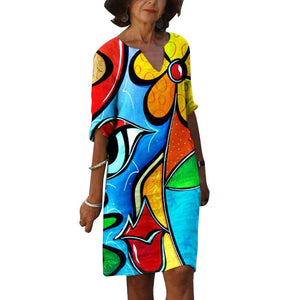 V collar sexy retro abstract print dress 100 casual long skirt women